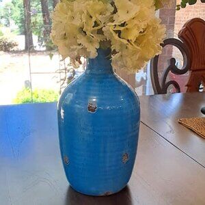 Aqua Blue Ceramic Vase, Narrow Neck, 8"